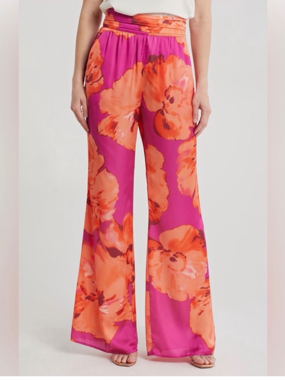 Ramy Brook Robin Wide Leg Pants Women's Size 2 Satin Floral Pink Orange